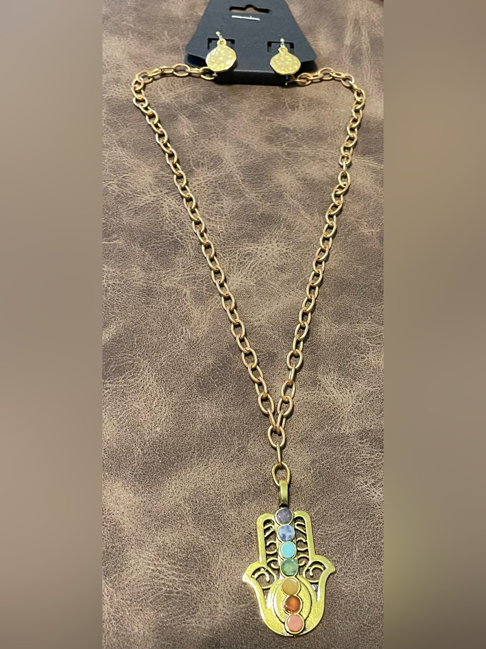 Gold Hamsa Pendant Necklace with Multicolor Accent Stones- Matching Earrings